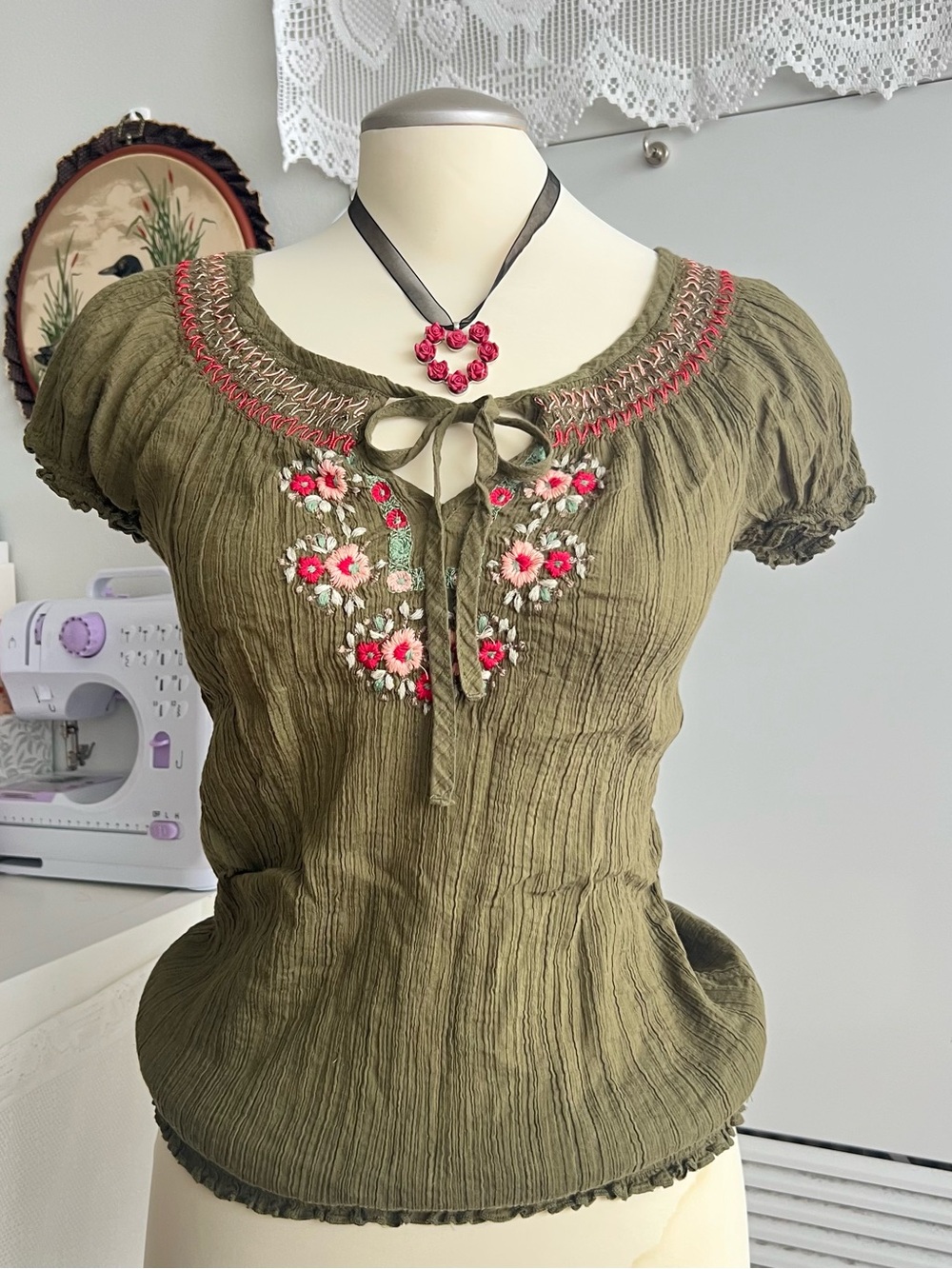 Old navy Olive Green Floral Embroidered Blouse with Pink & Red Flowers